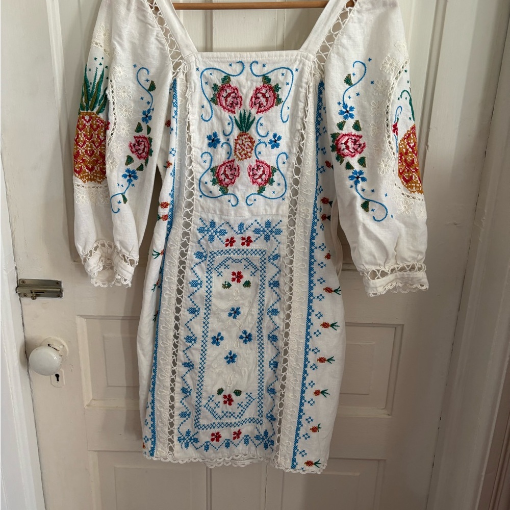 FARM Rio White Embroidered Mini Dress with Blue, Pink & Gold Accents - Picture 2 of 13